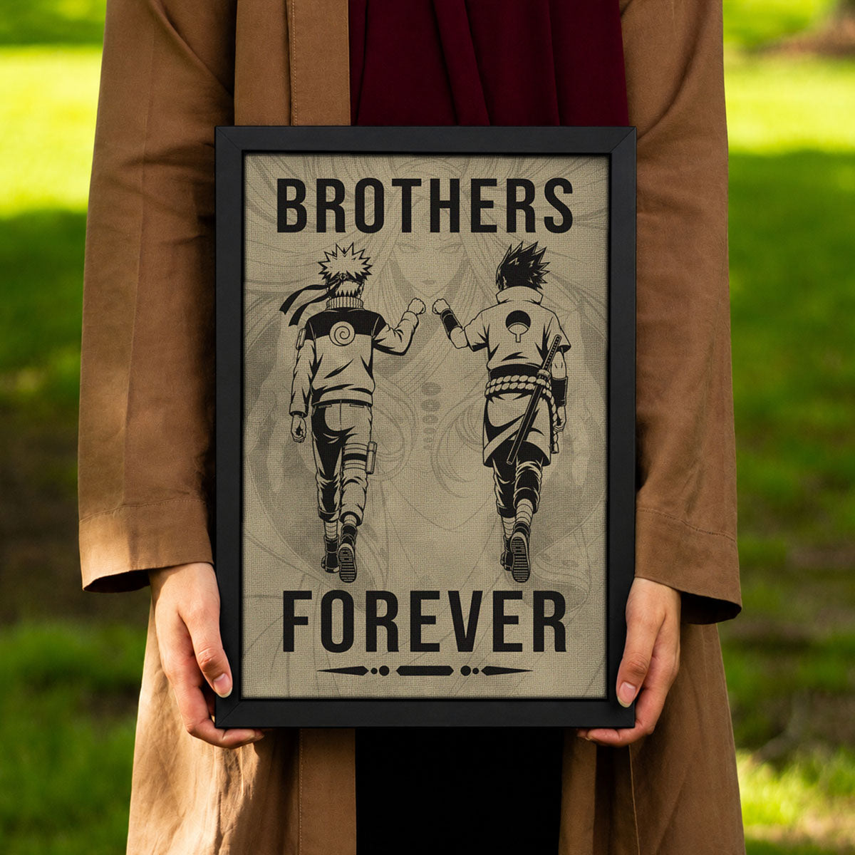 Naruto Uzumaki & Sasuke Uchiha Canvas Wall Art - Brothers Forever - Brotherhood Quote Poster & Framed Ready to Hang Living Room Man Cave Decor - NA004