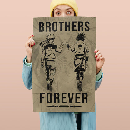 Naruto Uzumaki & Sasuke Uchiha Canvas Wall Art - Brothers Forever - Brotherhood Quote Poster & Framed Ready to Hang Living Room Man Cave Decor - NA004