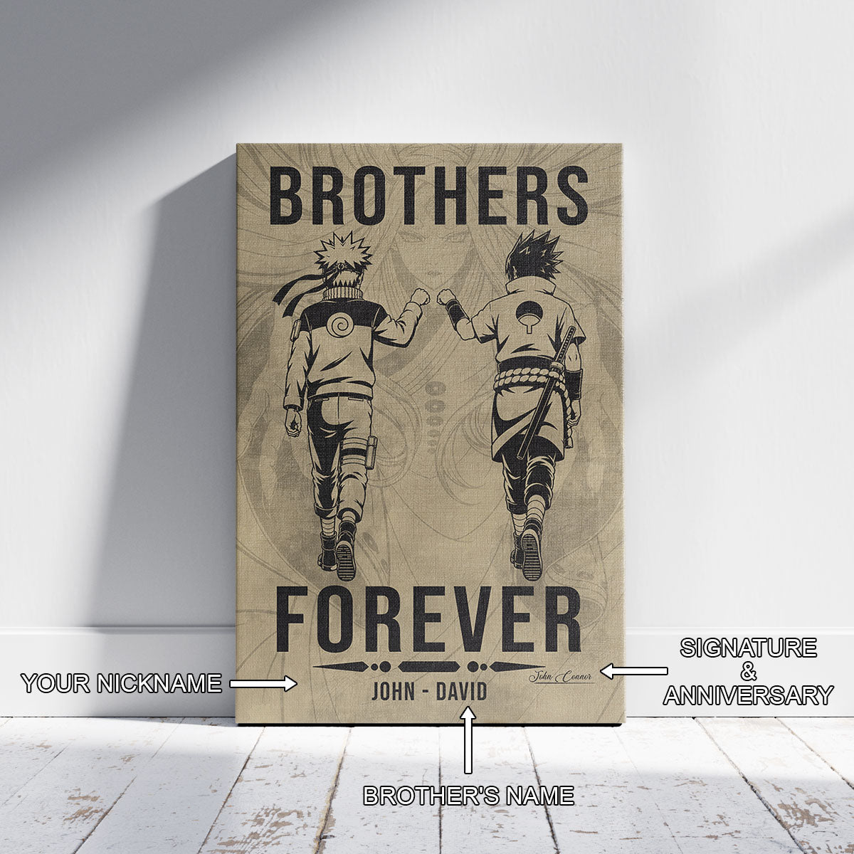 Naruto Uzumaki & Sasuke Uchiha Canvas Wall Art - Brothers Forever - Brotherhood Quote Poster & Framed Ready to Hang Living Room Man Cave Decor - NA004