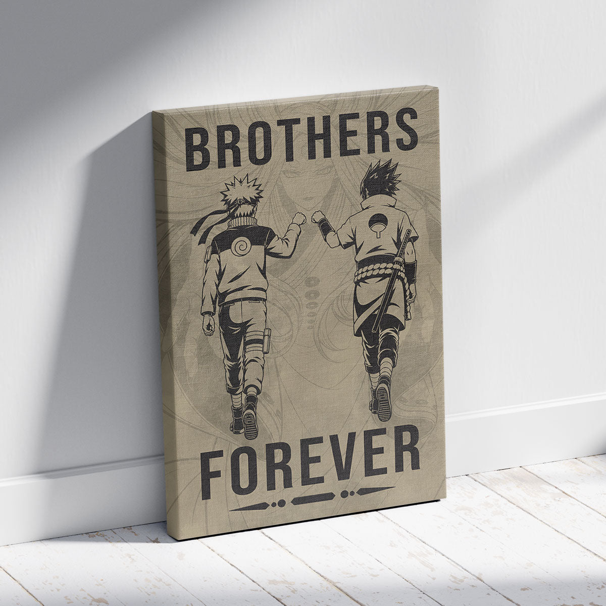 Naruto Uzumaki & Sasuke Uchiha Canvas Wall Art - Brothers Forever - Brotherhood Quote Poster & Framed Ready to Hang Living Room Man Cave Decor - NA004