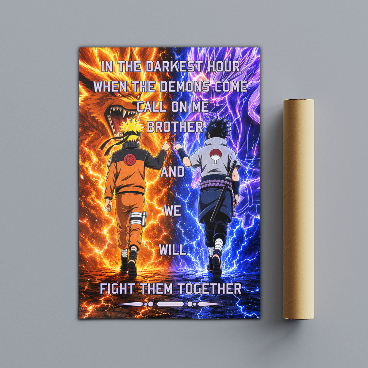 Naruto Uzumaki & Sasuke Uchiha Canvas Wall Art - Call On Me Brother - Brotherhood Quote Poster & Framed Ready to Hang Living Room Man Cave Decor - NA005