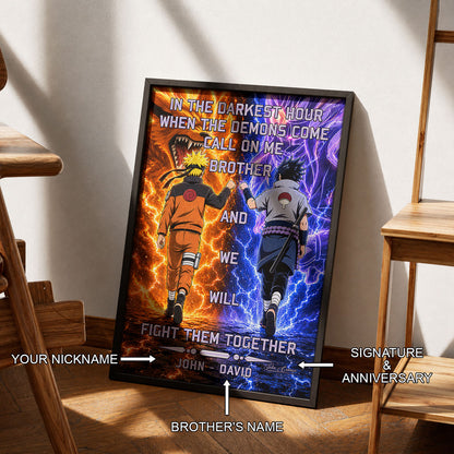 Naruto Uzumaki & Sasuke Uchiha Canvas Wall Art - Call On Me Brother - Brotherhood Quote Poster & Framed Ready to Hang Living Room Man Cave Decor - NA005