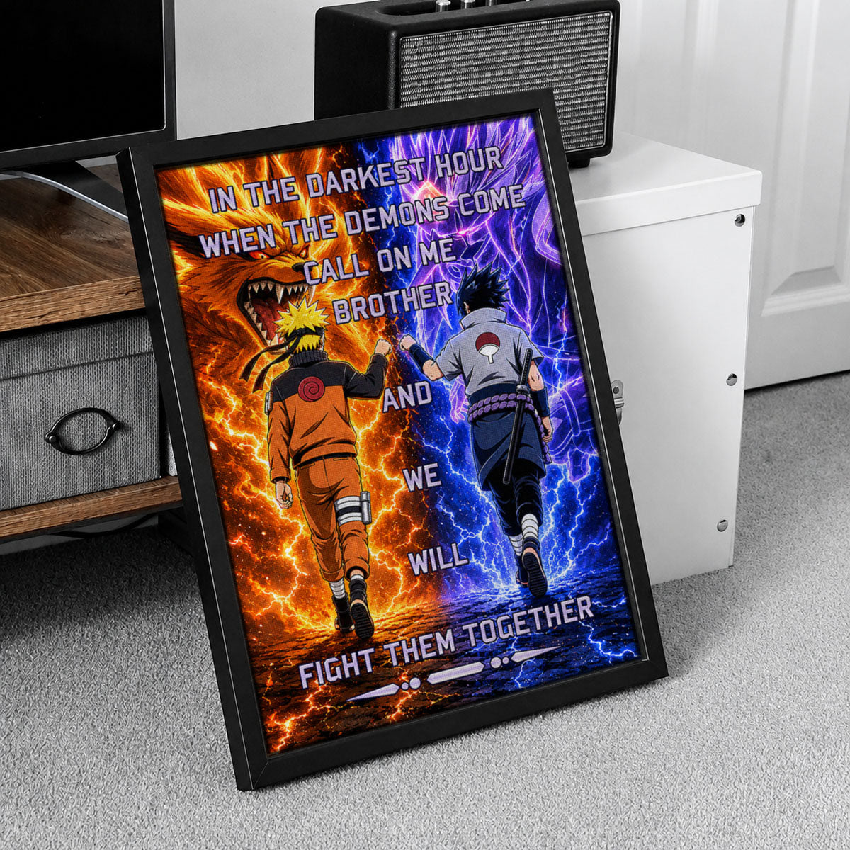 Naruto Uzumaki & Sasuke Uchiha Canvas Wall Art - Call On Me Brother - Brotherhood Quote Poster & Framed Ready to Hang Living Room Man Cave Decor - NA005