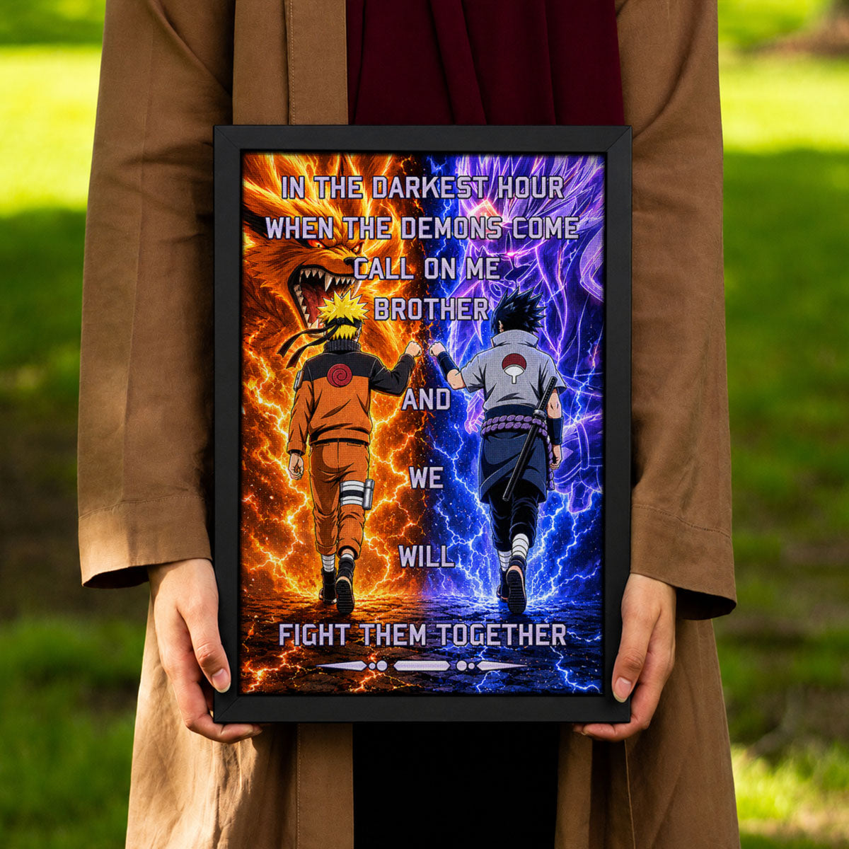 Naruto Uzumaki & Sasuke Uchiha Canvas Wall Art - Call On Me Brother - Brotherhood Quote Poster & Framed Ready to Hang Living Room Man Cave Decor - NA005