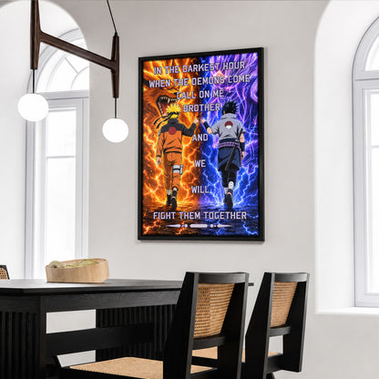 Naruto Uzumaki & Sasuke Uchiha Canvas Wall Art - Call On Me Brother - Brotherhood Quote Poster & Framed Ready to Hang Living Room Man Cave Decor - NA005