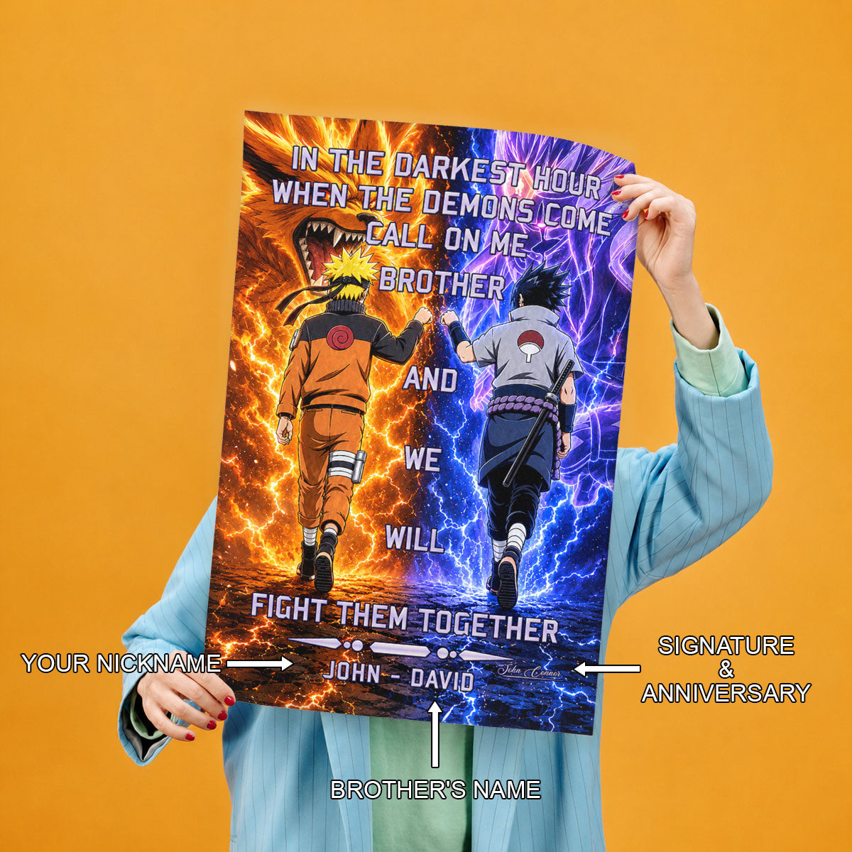 Naruto Uzumaki & Sasuke Uchiha Canvas Wall Art - Call On Me Brother - Brotherhood Quote Poster & Framed Ready to Hang Living Room Man Cave Decor - NA005