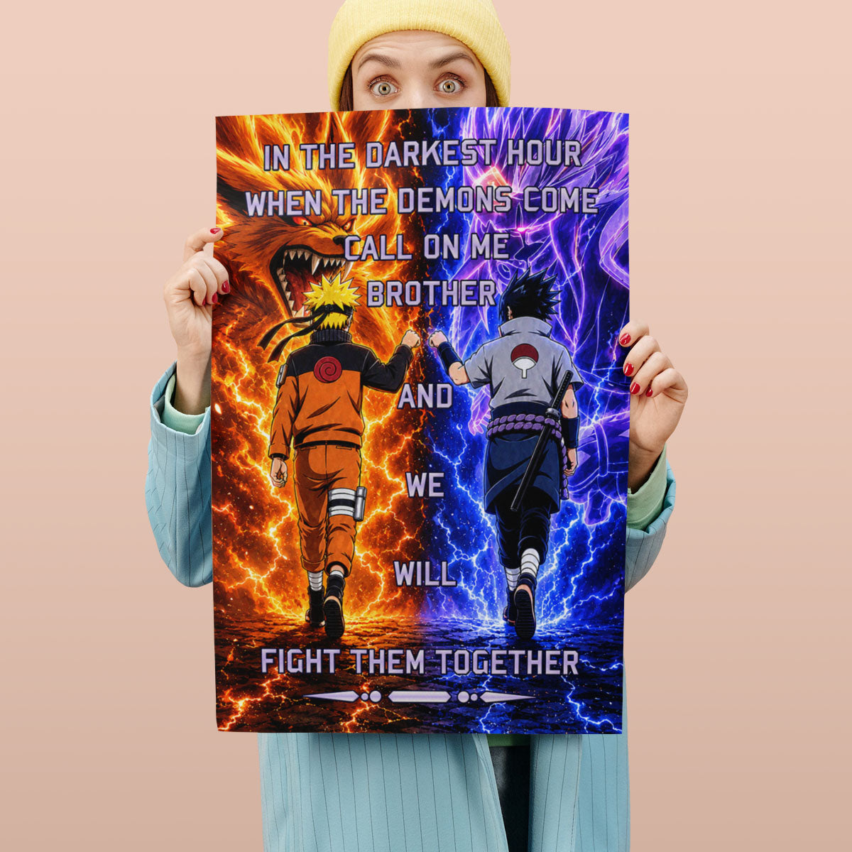Naruto Uzumaki & Sasuke Uchiha Canvas Wall Art - Call On Me Brother - Brotherhood Quote Poster & Framed Ready to Hang Living Room Man Cave Decor - NA005