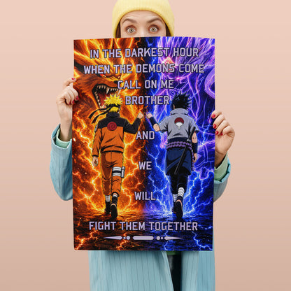 Naruto Uzumaki & Sasuke Uchiha Canvas Wall Art - Call On Me Brother - Brotherhood Quote Poster & Framed Ready to Hang Living Room Man Cave Decor - NA005