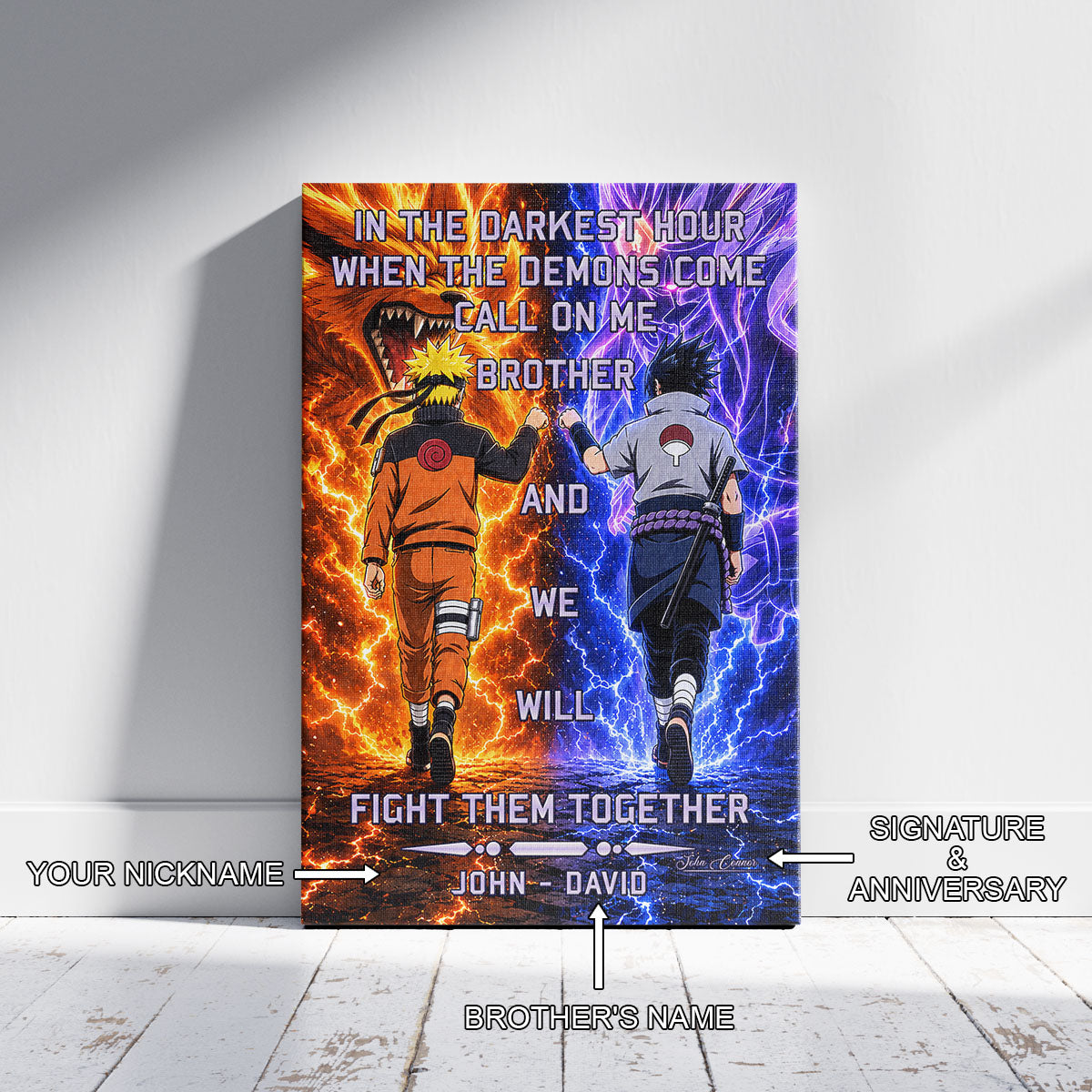 Naruto Uzumaki & Sasuke Uchiha Canvas Wall Art - Call On Me Brother - Brotherhood Quote Poster & Framed Ready to Hang Living Room Man Cave Decor - NA005