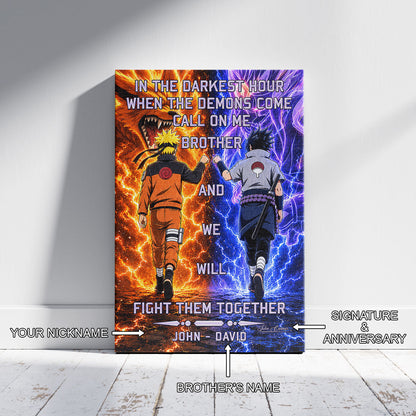 Naruto Uzumaki & Sasuke Uchiha Canvas Wall Art - Call On Me Brother - Brotherhood Quote Poster & Framed Ready to Hang Living Room Man Cave Decor - NA005
