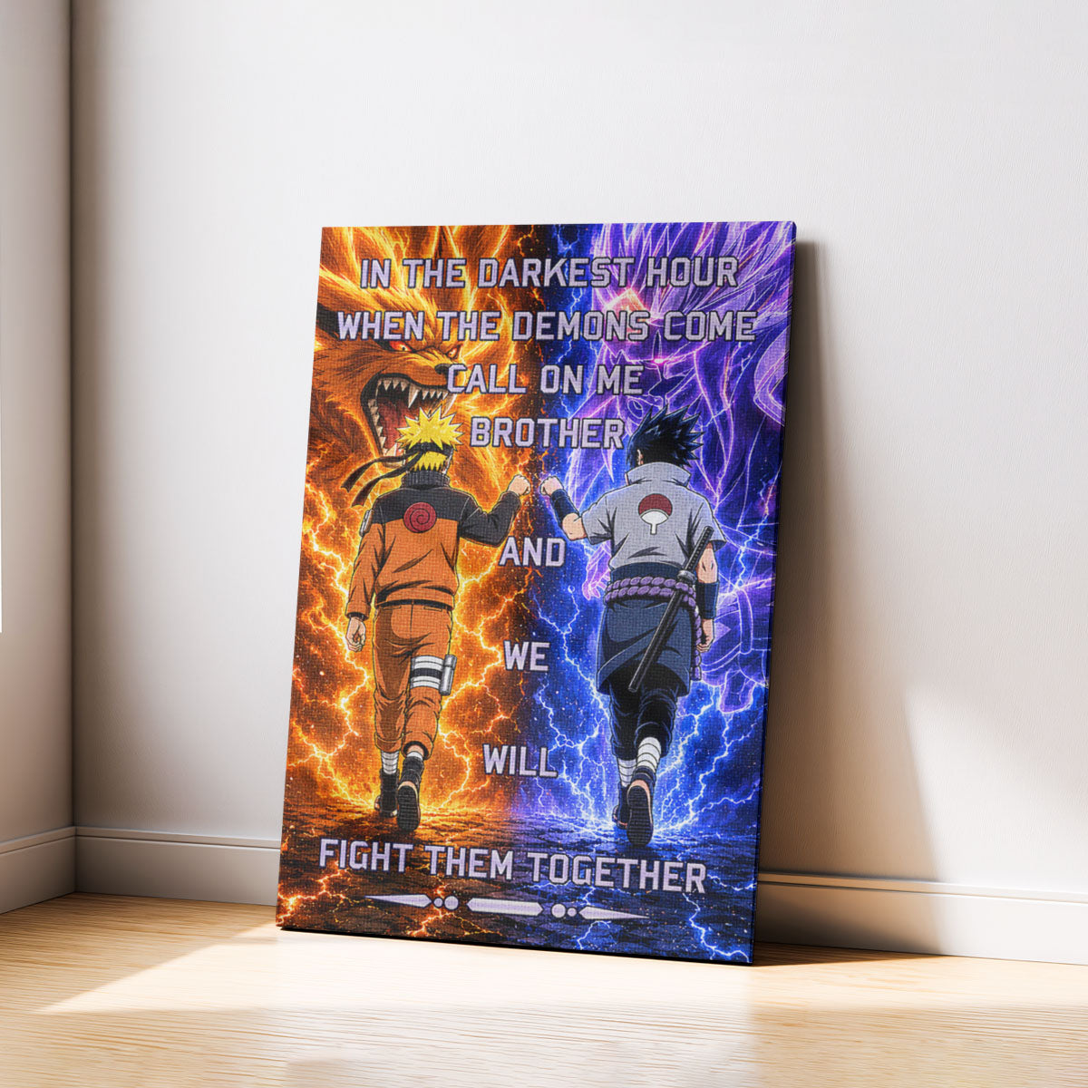Naruto Uzumaki & Sasuke Uchiha Canvas Wall Art - Call On Me Brother - Brotherhood Quote Poster & Framed Ready to Hang Living Room Man Cave Decor - NA005