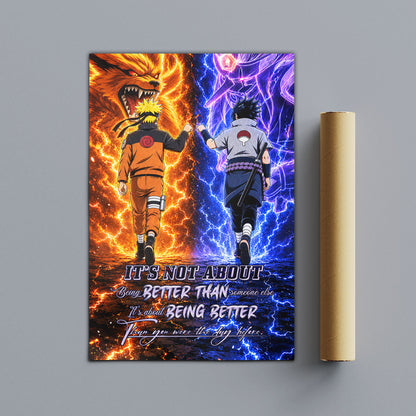 Naruto Uzumaki & Sasuke Uchiha Canvas Wall Art - Better Than You Were The Day Before - Motivational Quote Poster & Framed Ready to Hang Home Decor - NA009