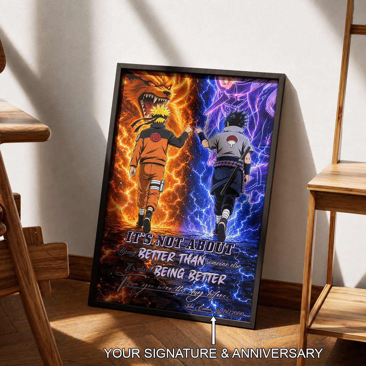 Naruto Uzumaki & Sasuke Uchiha Canvas Wall Art - Better Than You Were The Day Before - Motivational Quote Poster & Framed Ready to Hang Home Decor - NA009
