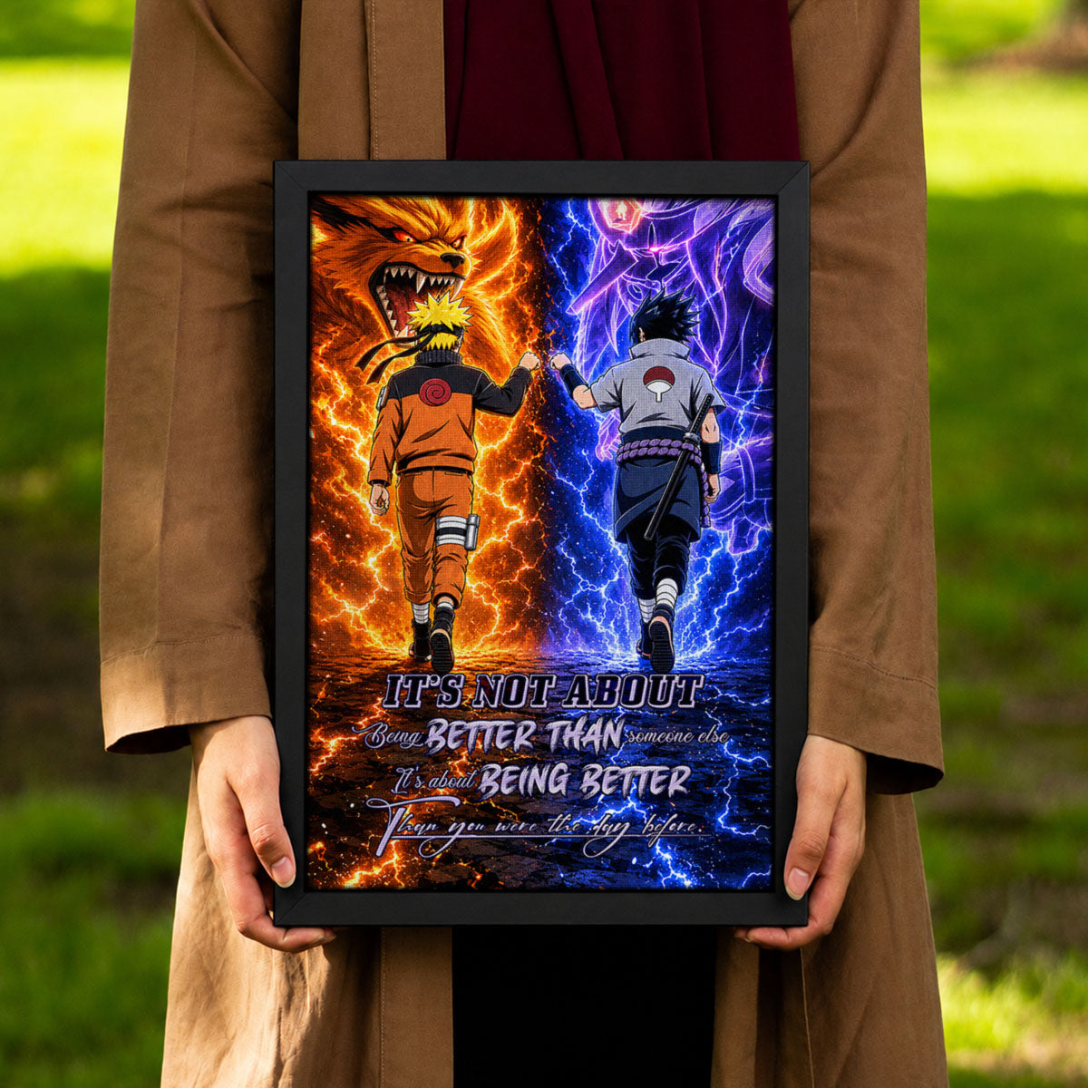 Naruto Uzumaki & Sasuke Uchiha Canvas Wall Art - Better Than You Were The Day Before - Motivational Quote Poster & Framed Ready to Hang Home Decor - NA009