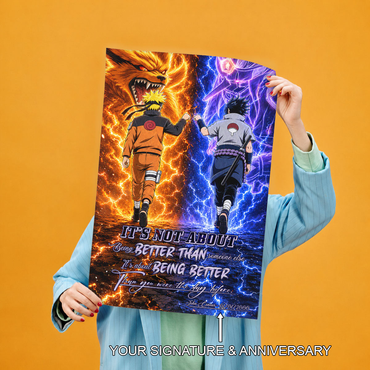 Naruto Uzumaki & Sasuke Uchiha Canvas Wall Art - Better Than You Were The Day Before - Motivational Quote Poster & Framed Ready to Hang Home Decor - NA009