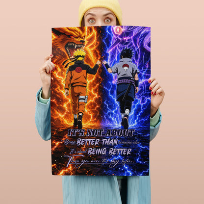 Naruto Uzumaki & Sasuke Uchiha Canvas Wall Art - Better Than You Were The Day Before - Motivational Quote Poster & Framed Ready to Hang Home Decor - NA009