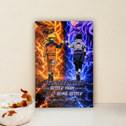 Naruto Uzumaki & Sasuke Uchiha Canvas Wall Art - Better Than You Were The Day Before - Motivational Quote Poster & Framed Ready to Hang Home Decor - NA009