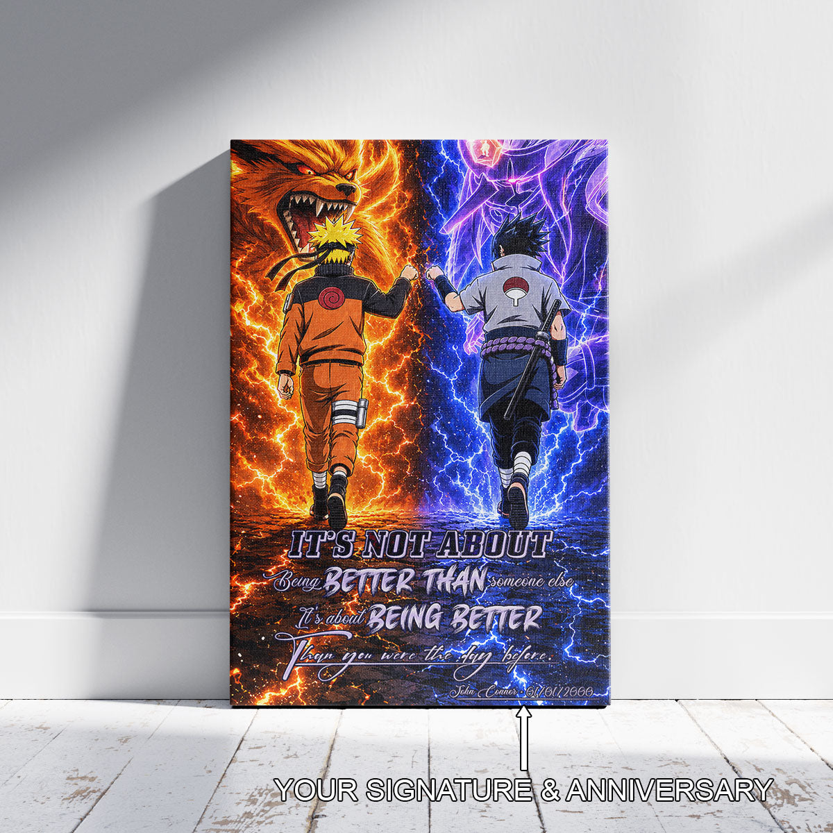 Naruto Uzumaki & Sasuke Uchiha Canvas Wall Art - Better Than You Were The Day Before - Motivational Quote Poster & Framed Ready to Hang Home Decor - NA009