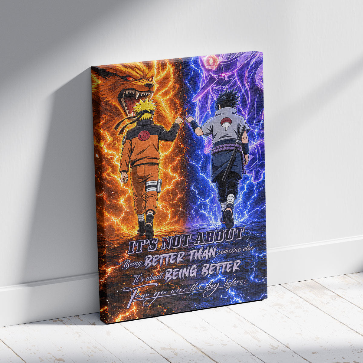 Naruto Uzumaki & Sasuke Uchiha Canvas Wall Art - Better Than You Were The Day Before - Motivational Quote Poster & Framed Ready to Hang Home Decor - NA009