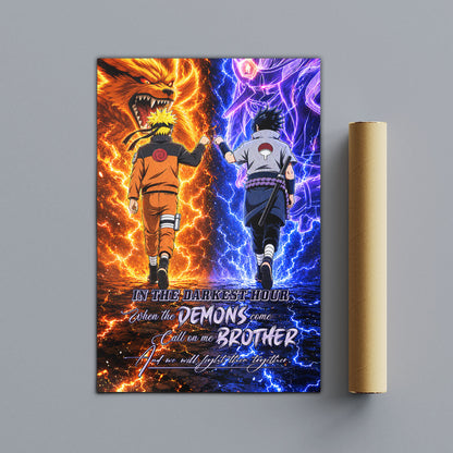 Naruto Uzumaki & Sasuke Uchiha Canvas Wall Art - Call On Me Brother - Brotherhood Quote Poster & Framed Ready to Hang Living Room Man Cave Decor - NA010
