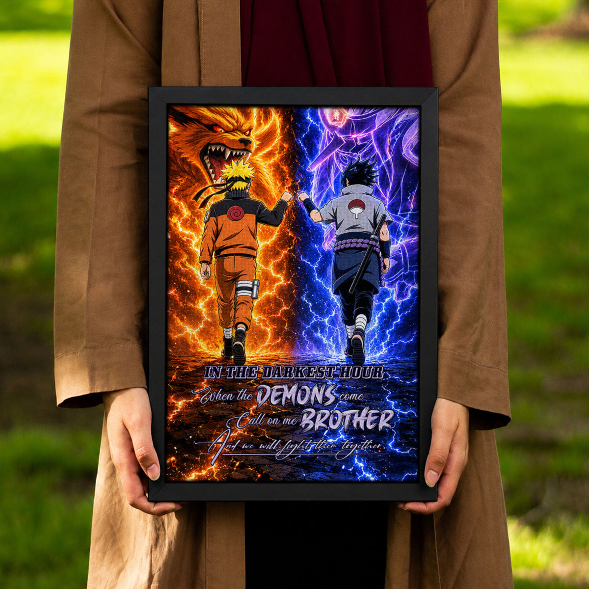 Naruto Uzumaki & Sasuke Uchiha Canvas Wall Art - Call On Me Brother - Brotherhood Quote Poster & Framed Ready to Hang Living Room Man Cave Decor - NA010