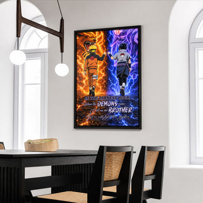 Naruto Uzumaki & Sasuke Uchiha Canvas Wall Art - Call On Me Brother - Brotherhood Quote Poster & Framed Ready to Hang Living Room Man Cave Decor - NA010