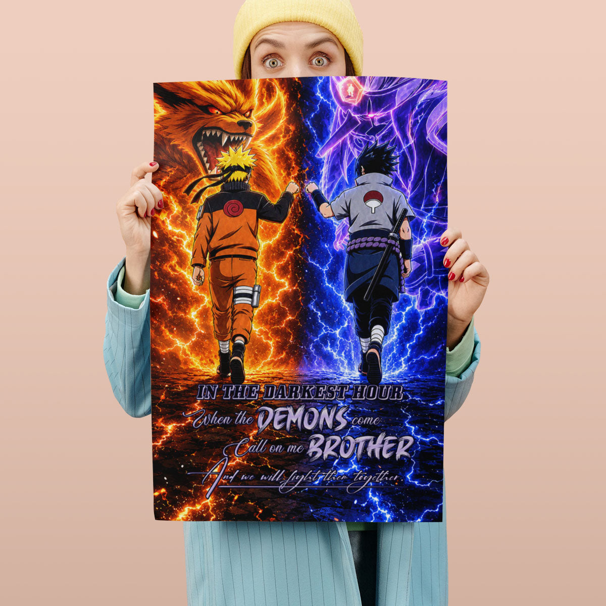 Naruto Uzumaki & Sasuke Uchiha Canvas Wall Art - Call On Me Brother - Brotherhood Quote Poster & Framed Ready to Hang Living Room Man Cave Decor - NA010