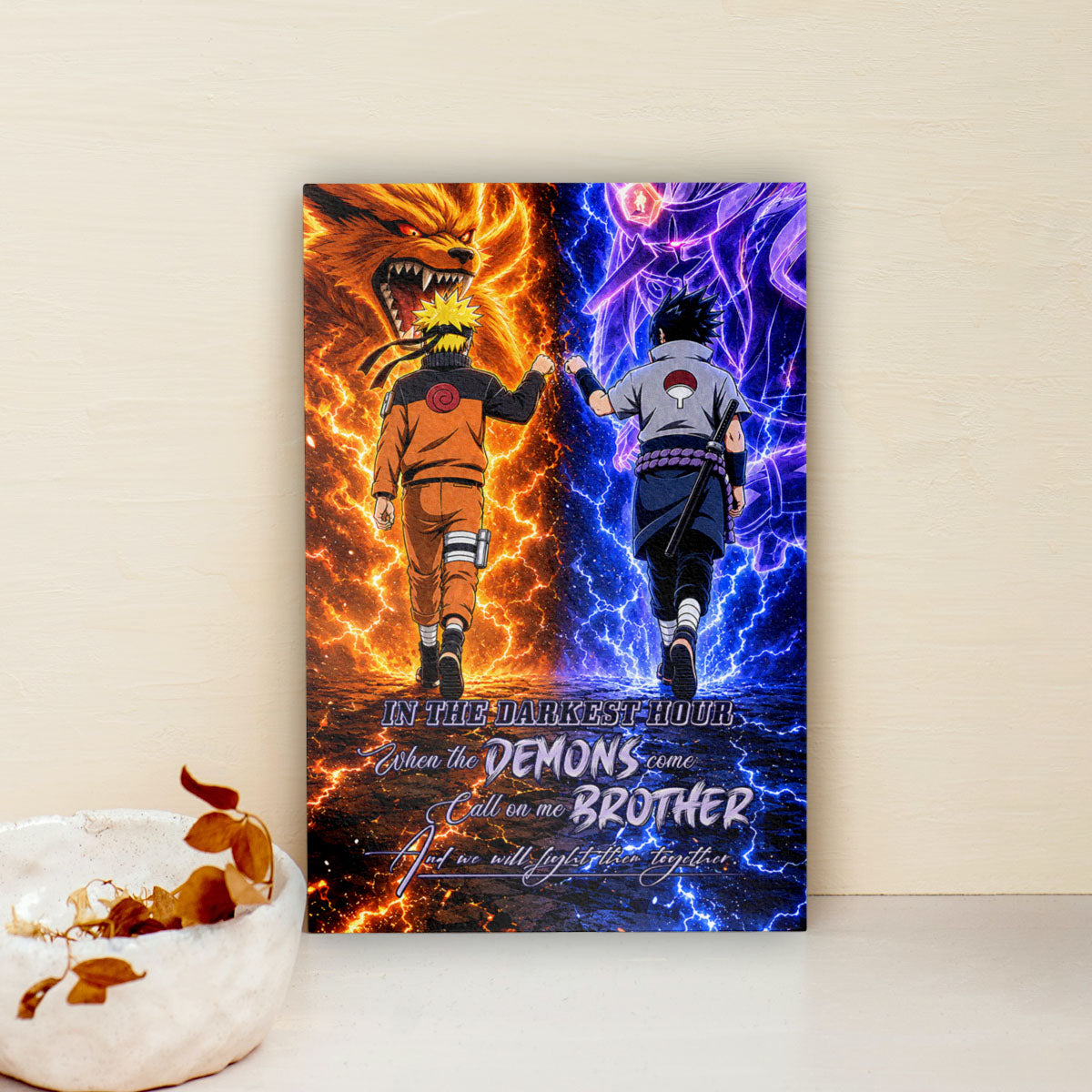 Naruto Uzumaki & Sasuke Uchiha Canvas Wall Art - Call On Me Brother - Brotherhood Quote Poster & Framed Ready to Hang Living Room Man Cave Decor - NA010