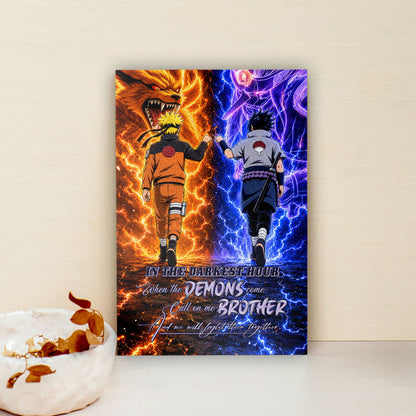 Naruto Uzumaki & Sasuke Uchiha Canvas Wall Art - Call On Me Brother - Brotherhood Quote Poster & Framed Ready to Hang Living Room Man Cave Decor - NA010