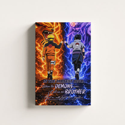 Naruto Uzumaki & Sasuke Uchiha Canvas Wall Art - Call On Me Brother - Brotherhood Quote Poster & Framed Ready to Hang Living Room Man Cave Decor - NA010
