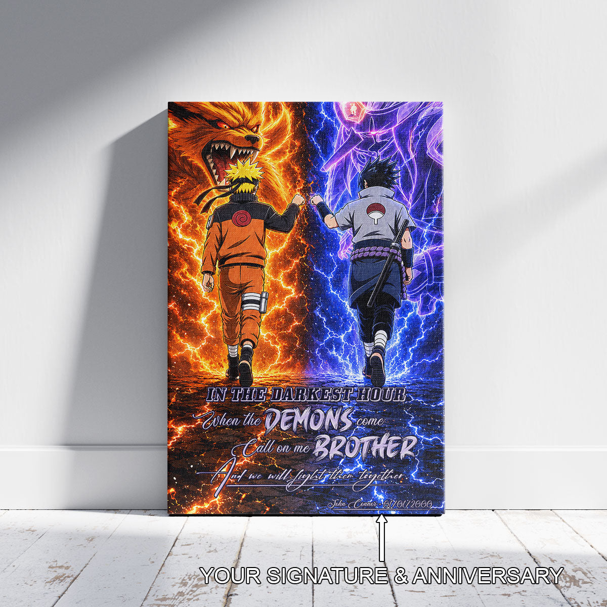 Naruto Uzumaki & Sasuke Uchiha Canvas Wall Art - Call On Me Brother - Brotherhood Quote Poster & Framed Ready to Hang Living Room Man Cave Decor - NA010
