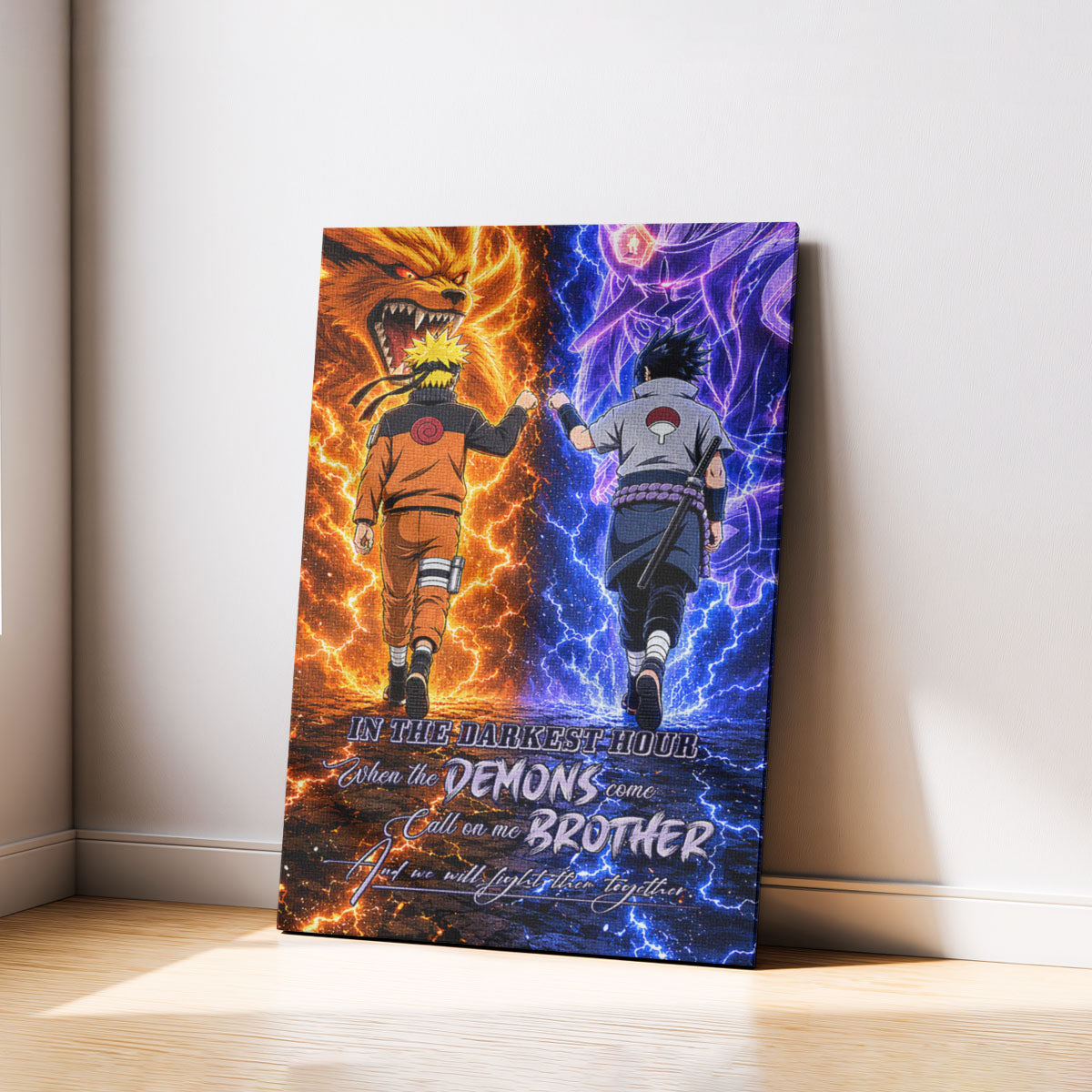 Naruto Uzumaki & Sasuke Uchiha Canvas Wall Art - Call On Me Brother - Brotherhood Quote Poster & Framed Ready to Hang Living Room Man Cave Decor - NA010