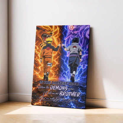 Naruto Uzumaki & Sasuke Uchiha Canvas Wall Art - Call On Me Brother - Brotherhood Quote Poster & Framed Ready to Hang Living Room Man Cave Decor - NA010
