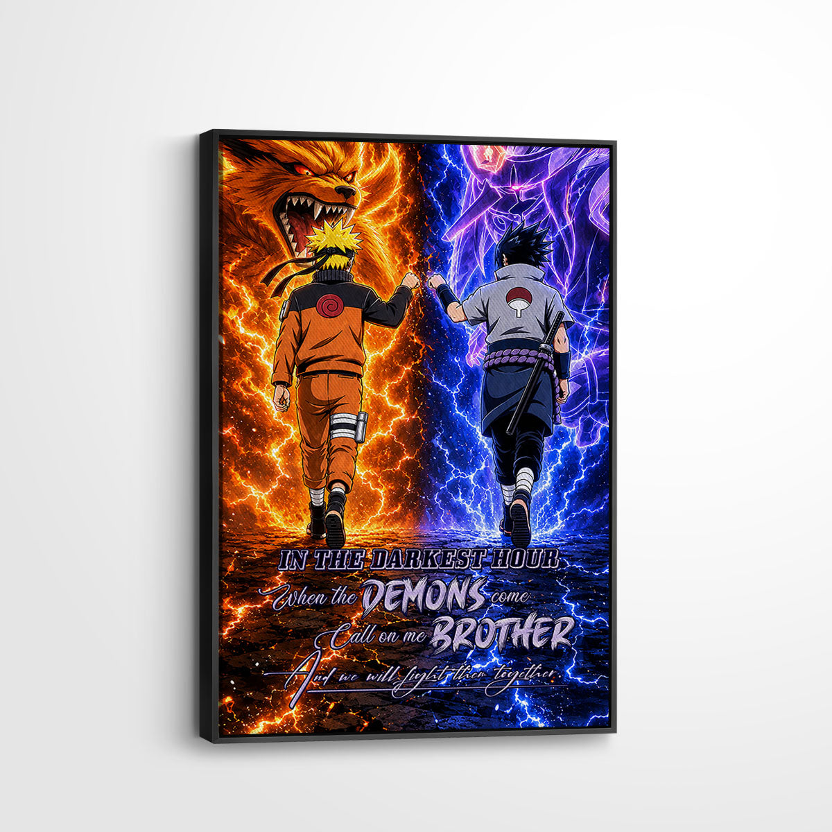 Naruto Uzumaki & Sasuke Uchiha Canvas Wall Art - Call On Me Brother - Brotherhood Quote Poster & Framed Ready to Hang Living Room Man Cave Decor - NA010
