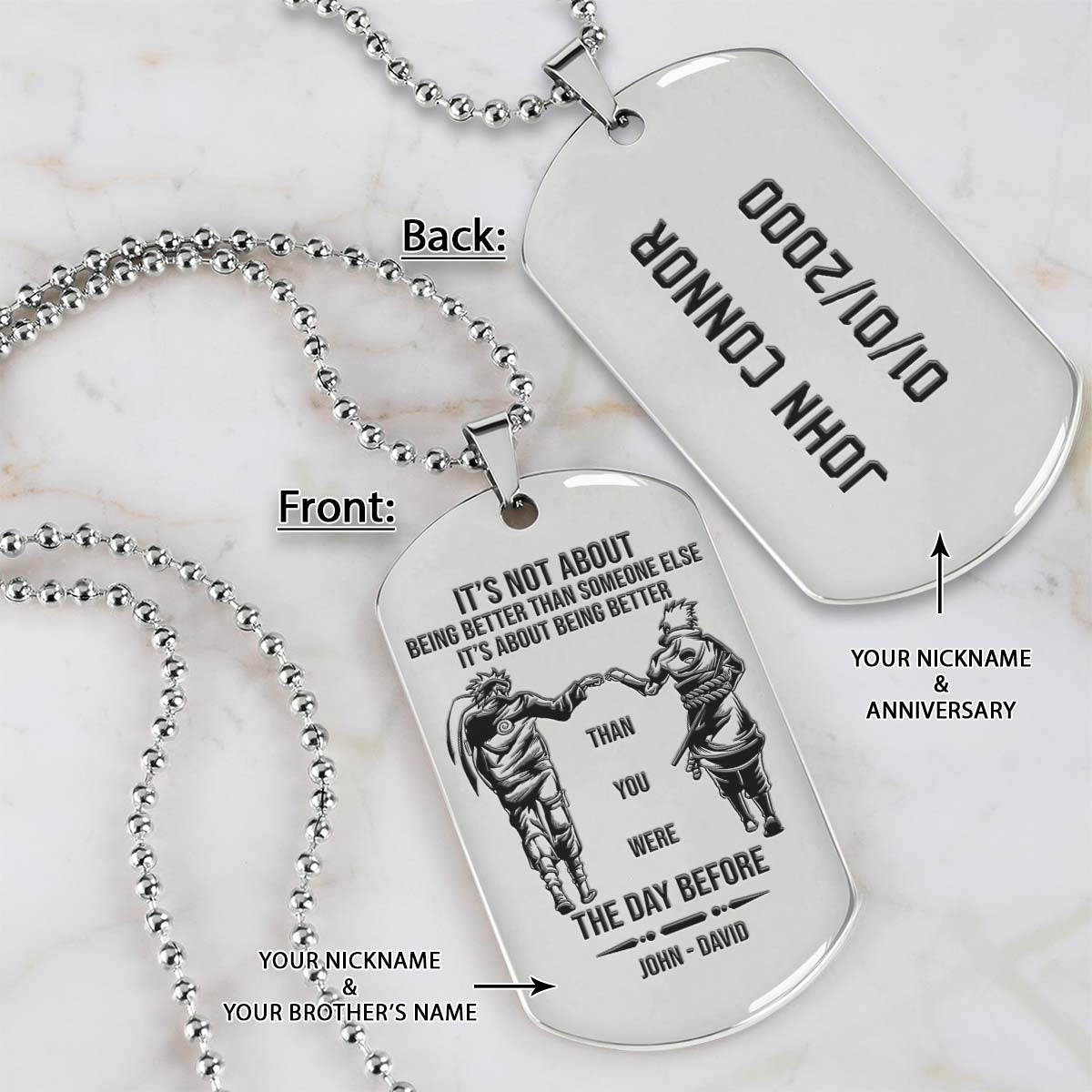 naruto dog tag - it's about being better than you were the day before - uzumaki naruto - uchiha sasuke - naruto necklace - engrave dog tag