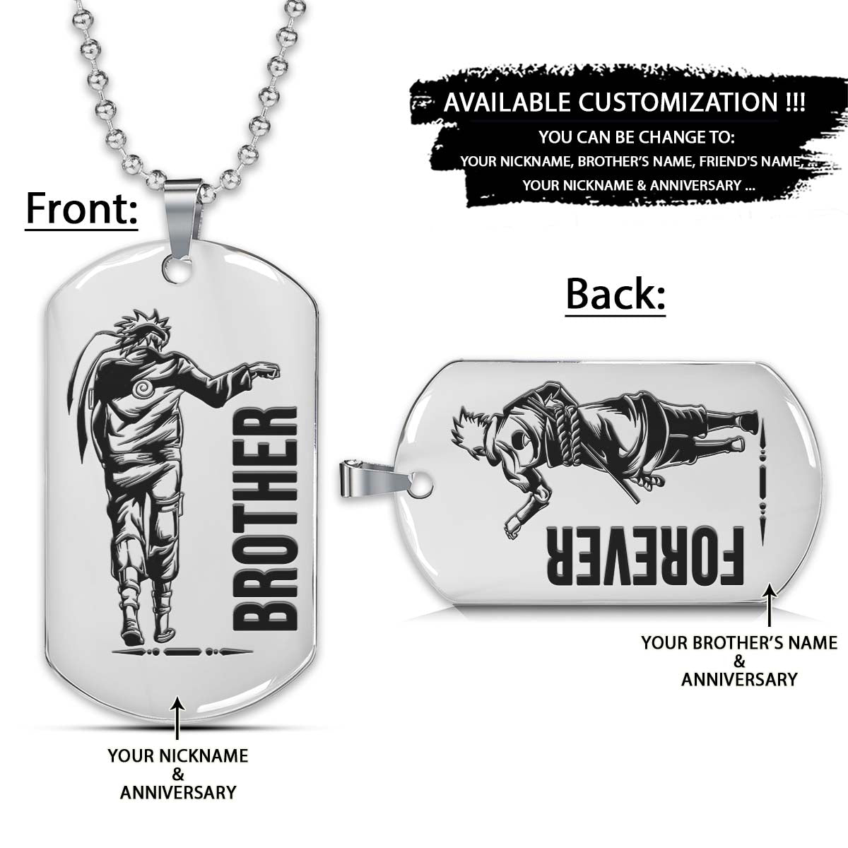 naruto dog tag - brother forever - uzumaki naruto - uchiha sasuke - naruto necklace - engrave dog tag