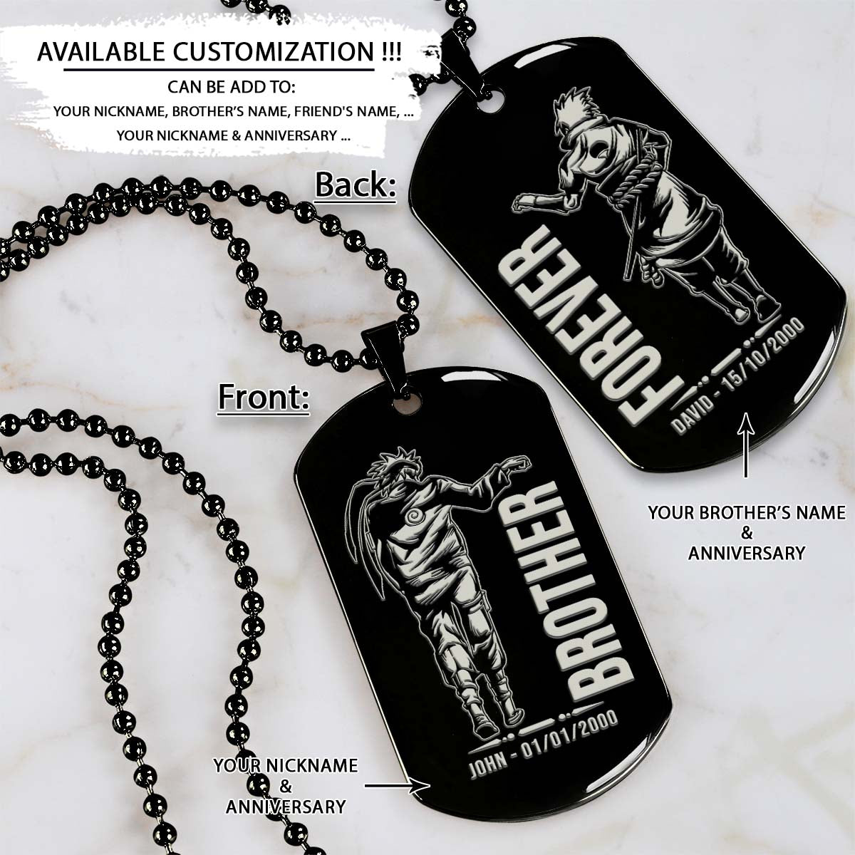 naruto dog tag - brother forever - uzumaki naruto - uchiha sasuke - naruto necklace - engrave dog tag