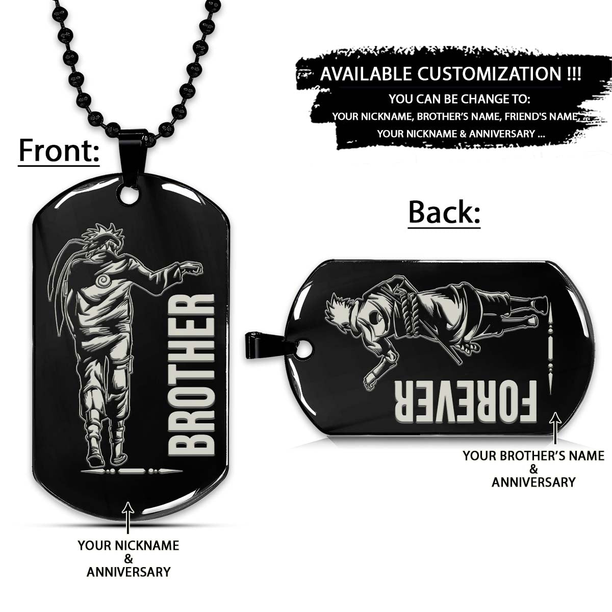 naruto dog tag - brother forever - uzumaki naruto - uchiha sasuke - naruto necklace - engrave dog tag