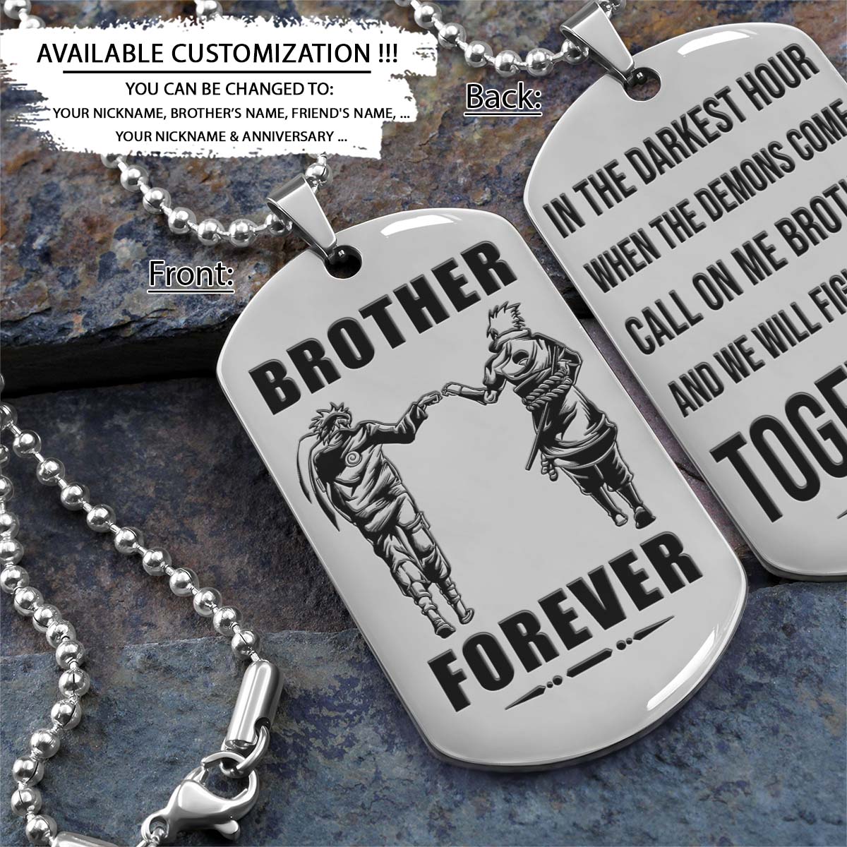 naruto dog tag - brother forever - call on me brother - uzumaki naruto - uchiha sasuke - naruto necklace - engrave dog tag