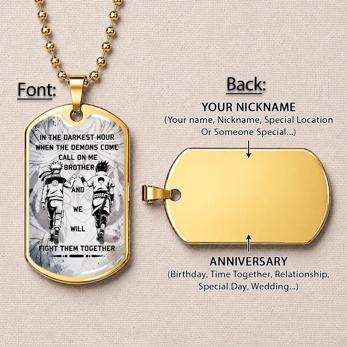 Personalized Naruto Uzumaki & Sasuke Uchiha Brother Dog Tag Necklace - Call On Me Brother - Stainless Steel Military Pendant Gift for Men - NADL001