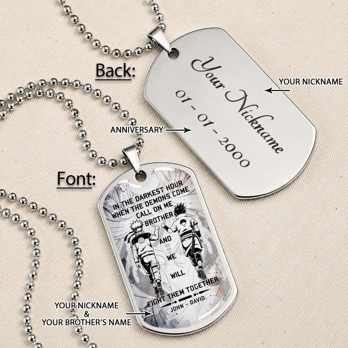 Personalized Naruto Uzumaki & Sasuke Uchiha Brother Dog Tag Necklace - Call On Me Brother - Stainless Steel Military Pendant Gift for Men - NADL001