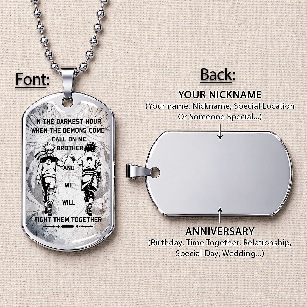 Personalized Naruto Uzumaki & Sasuke Uchiha Brother Dog Tag Necklace - Call On Me Brother - Stainless Steel Military Pendant Gift for Men - NADL001