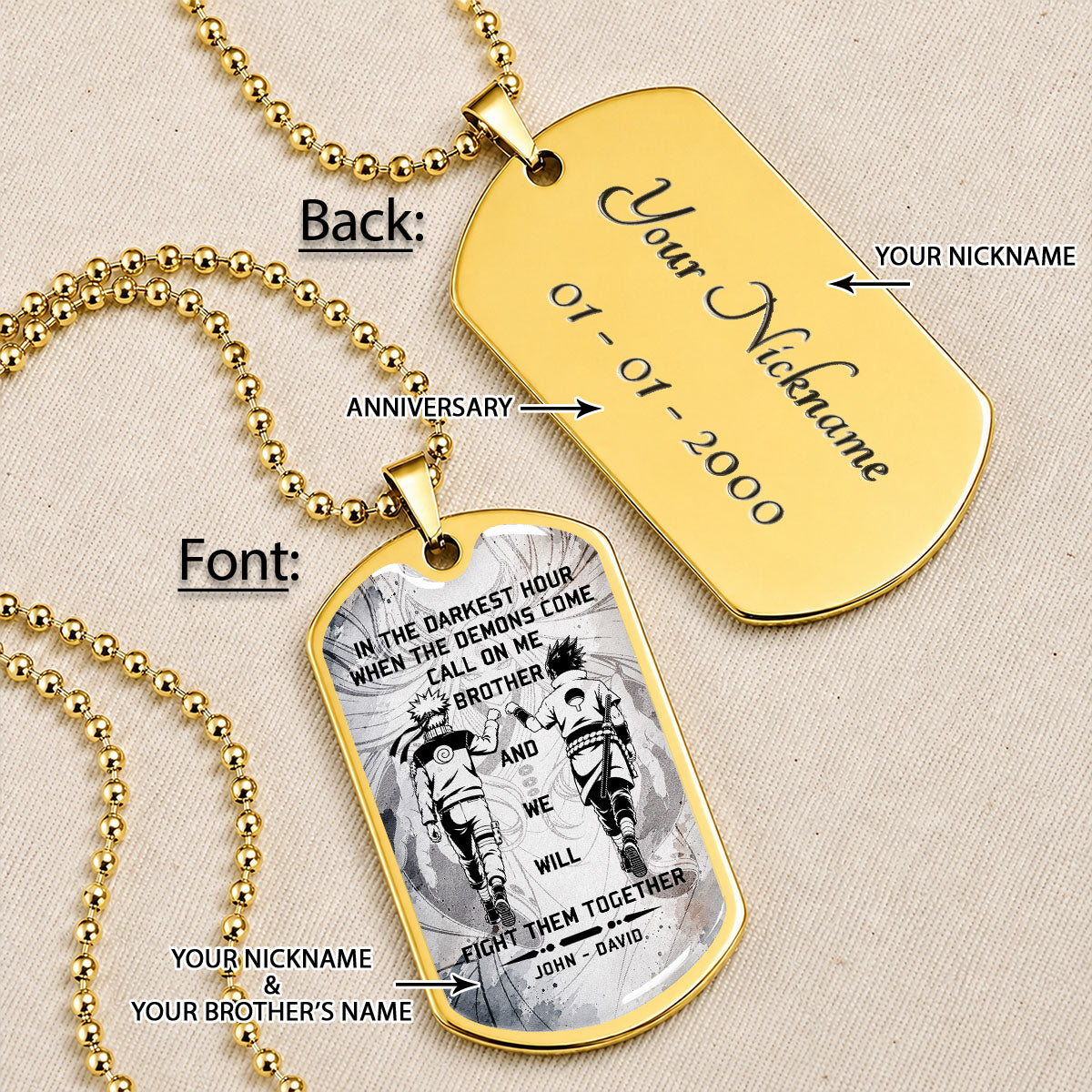 Personalized Naruto Uzumaki & Sasuke Uchiha Brother Dog Tag Necklace - Call On Me Brother - Stainless Steel Military Pendant Gift for Men - NADL001