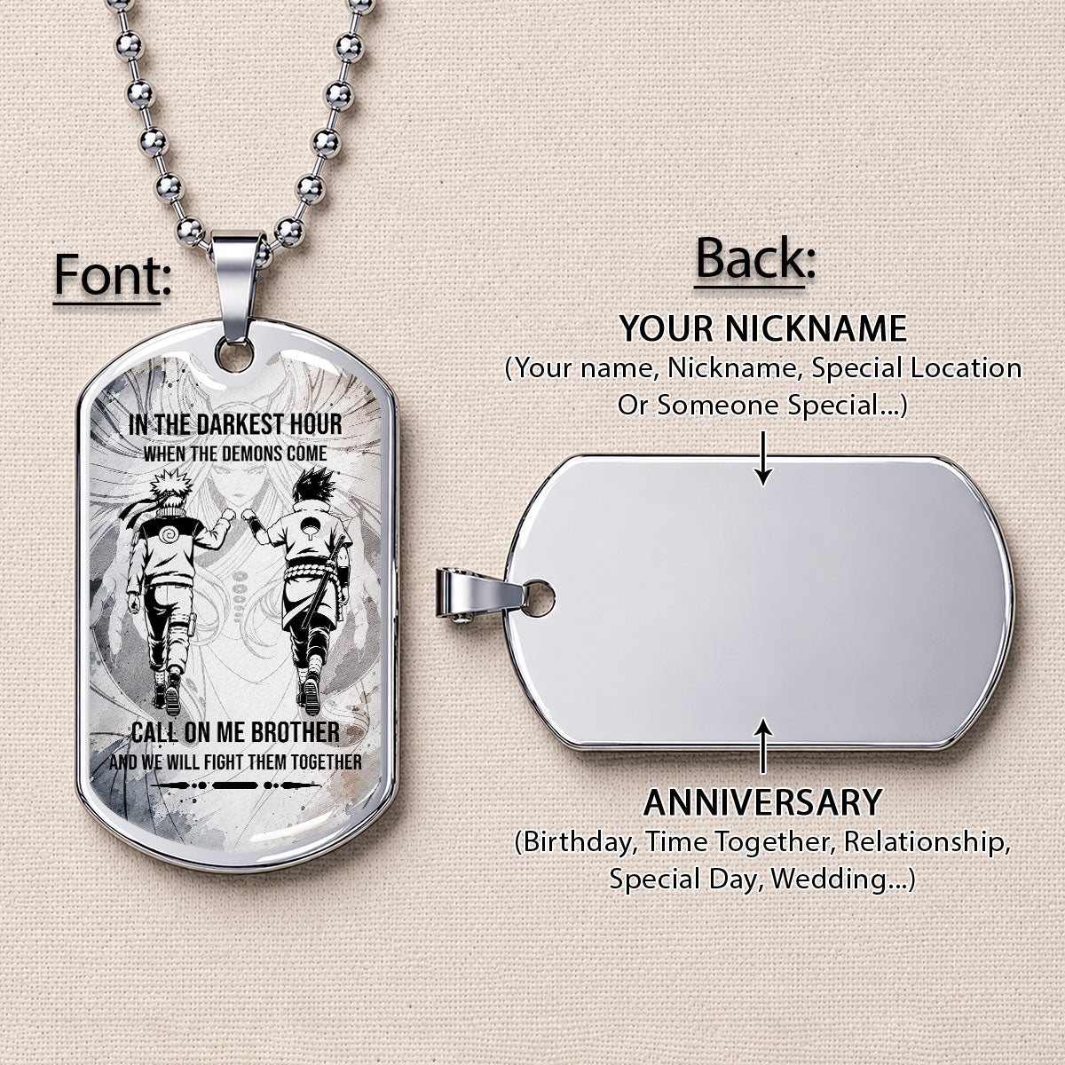 Personalized Naruto Uzumaki & Sasuke Uchiha Brother Dog Tag Necklace - Call On Me Brother - Stainless Steel Military Pendant Gift for Men - NADL002
