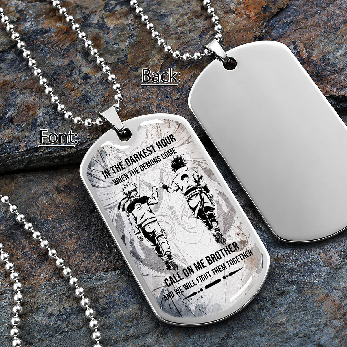 Personalized Naruto Uzumaki & Sasuke Uchiha Brother Dog Tag Necklace - Call On Me Brother - Stainless Steel Military Pendant Gift for Men - NADL002