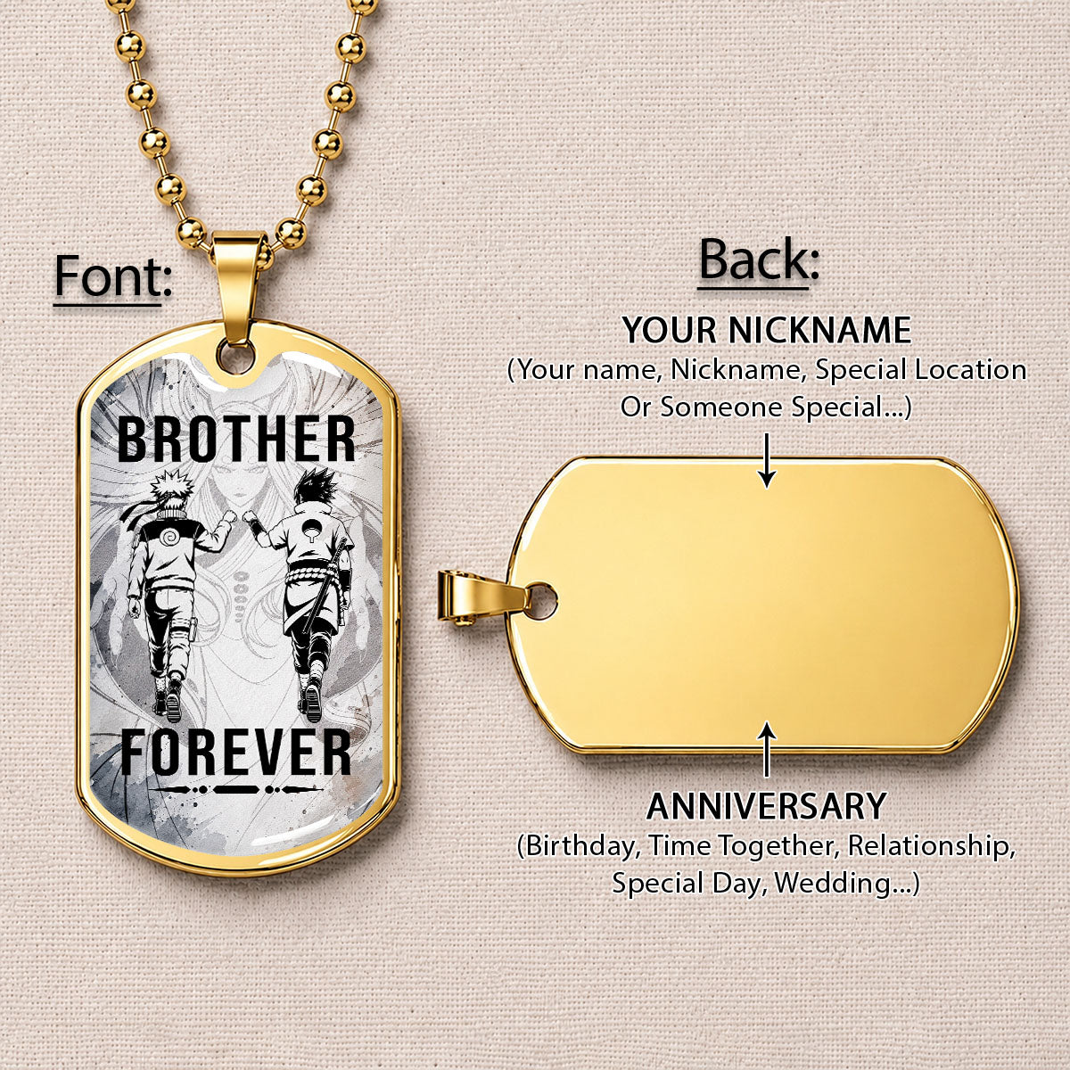 Personalized Naruto Uzumaki & Sasuke Uchiha Brother Dog Tag Necklace - Brother Forever - Stainless Steel Military Pendant Gift for Men - NADL003