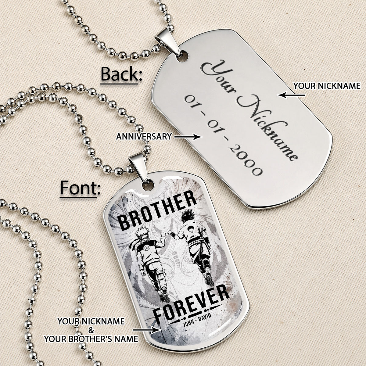 Personalized Naruto Uzumaki & Sasuke Uchiha Brother Dog Tag Necklace - Brother Forever - Stainless Steel Military Pendant Gift for Men - NADL003