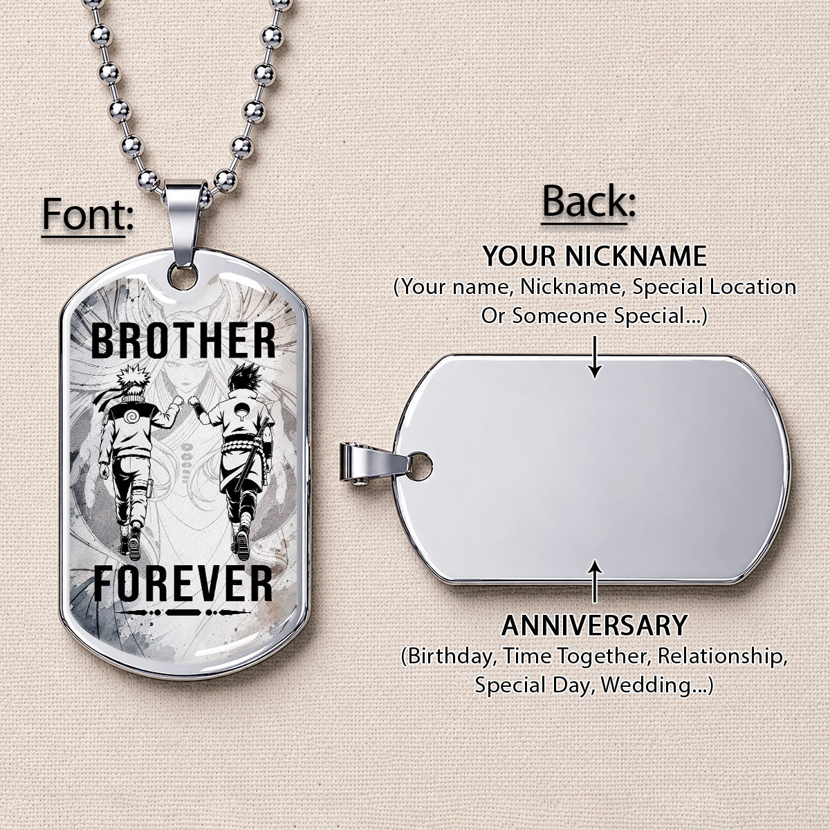 Personalized Naruto Uzumaki & Sasuke Uchiha Brother Dog Tag Necklace - Brother Forever - Stainless Steel Military Pendant Gift for Men - NADL003
