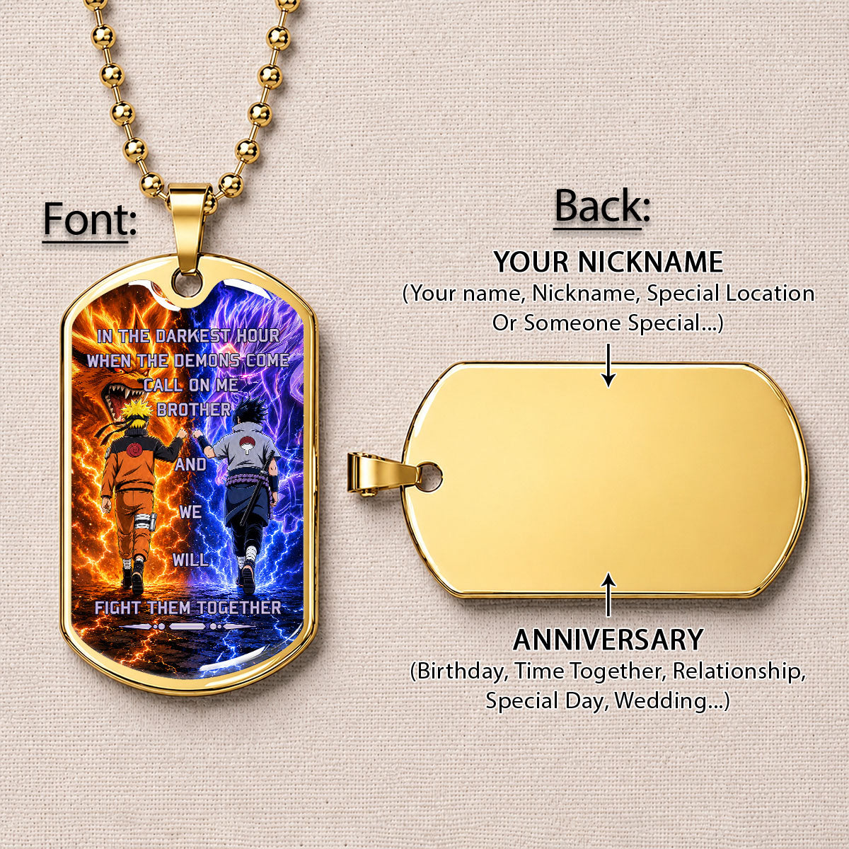 Personalized Naruto Uzumaki & Sasuke Uchiha Brother Dog Tag Necklace - Call On Me Brother - Stainless Steel Military Pendant Gift for Men - NADL005