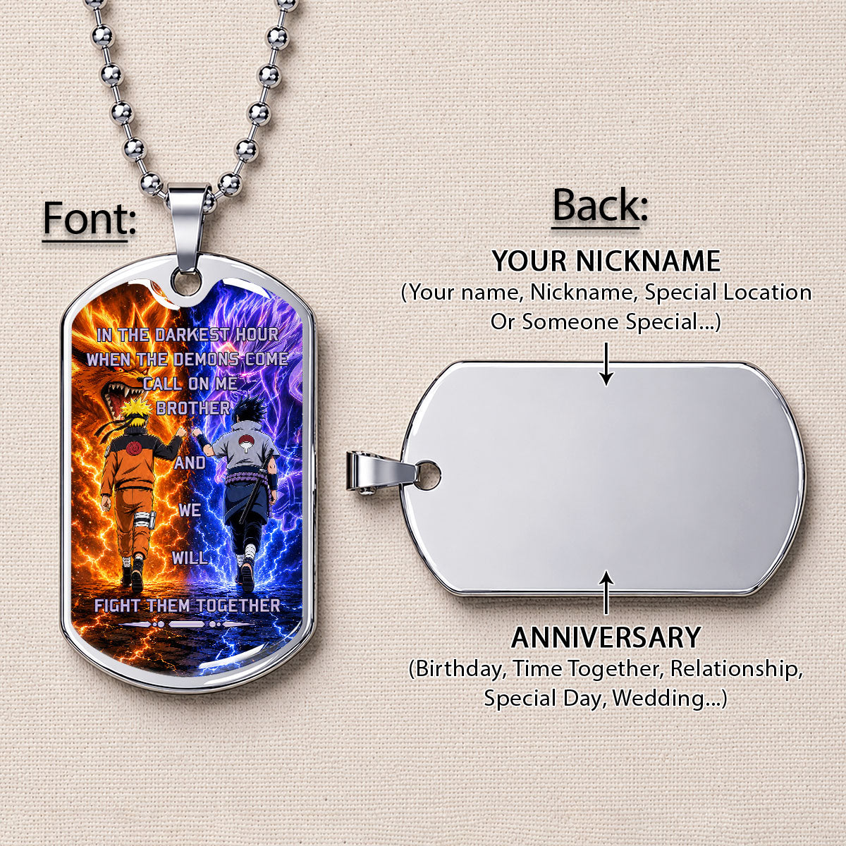 Personalized Naruto Uzumaki & Sasuke Uchiha Brother Dog Tag Necklace - Call On Me Brother - Stainless Steel Military Pendant Gift for Men - NADL005